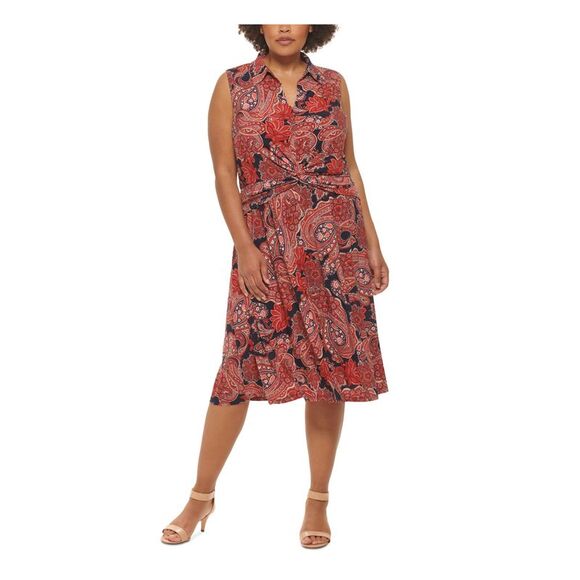 TOMMY HILFIGER Womens Twist Front Sleeveless V Neck Midi Fit + Flare Dress - Picture 1 of 4